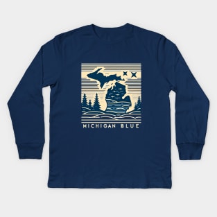 Michigan Blue Serenity - Minimalist Line Art Kids Long Sleeve T-Shirt